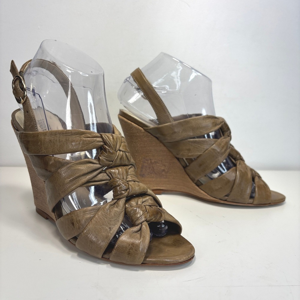 Alexandre Birman Taupe Distressed Knotted Leather Slingback Wedge Sandals Size 8 - Picture 10 of 10
